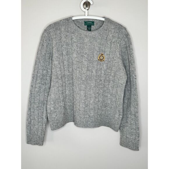 Lauren Ralph Lauren Cable Knit Lambswool Crest Sweater Gray Y2K Classic Preppy - Picture 2 of 6
